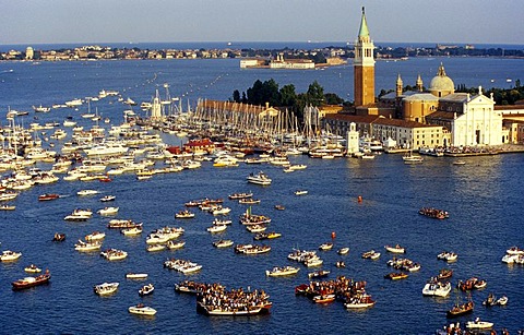 Gathering of boats in front of the island and Church of San Giorgio Maggiore to celebrate the Festa del Redentore, Venice, Italy, Europe