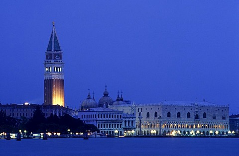 Campanile and the domes of St. Mark's Basilica and Doge's Palace, Venice, Italy, Europe