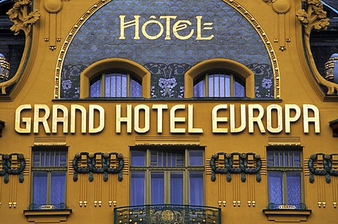 Art nouveau facade of the Grand Hotel Europa, Wenceslas Square, Prague, Czechia, Europe