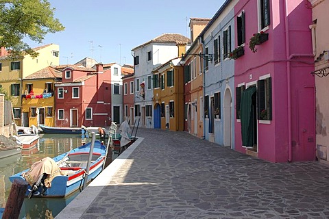 Houses alongside a canal, Burano, Venice, Veneto, Italy, Europe