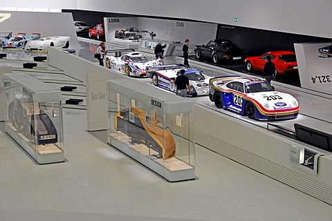 Interior view with various Porsche models, New Porsche Museum, Stuttgart, Baden-Wuerttemberg, Germany, Europe