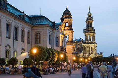 Sekundogenitur building and Hofkirche cathedral, Bruehlsche Terrassen terraces at dusk, Dresden, Saxony, Germany