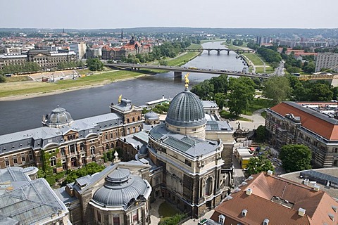 View from the Frauenkirche Church of Our Lady on the Kunstakademie Academy of Arts and the Elbe river, Old Town, Dresden, Saxony, Germany