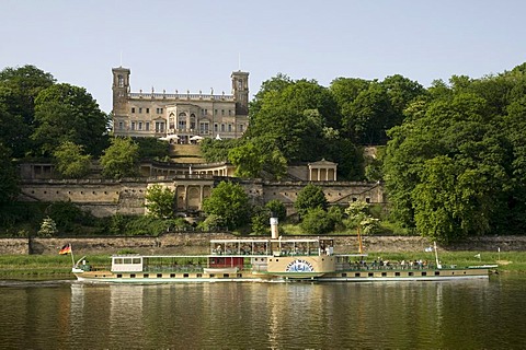 Schloss Albrechtsberg Castle, shore of the river Elbe, paddle wheel steamer, Dresden, Saxony, Germany