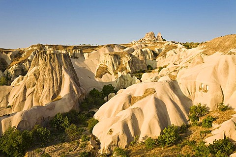 Tuff rock landscape and castle mountains near Goereme, Cappadocia, Central Anatolia, Turkey, Asia