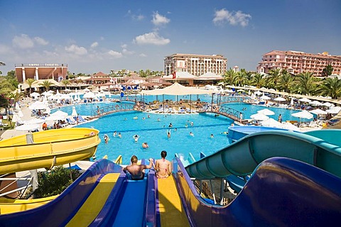 Pool landscape with water slides in Selge Beach Resort on the Turkish Riviera, Turkey, Asia