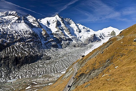 Mount Grossglockner, 3798 metres, with the Wilhelm Swarovski Observation Post and the Pasterze Glacier, glacier tongue, Hohe Tauern National Park, Carinthia, Austria, Europe