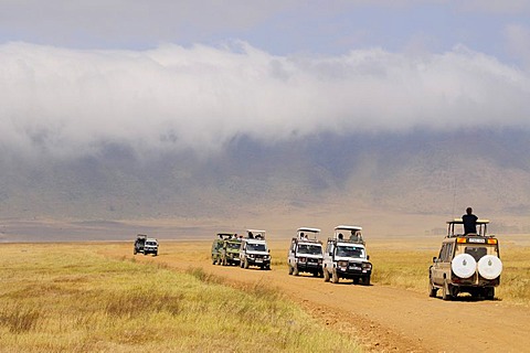 Tourists in several four-wheel-drive vehicles during wildlife observation, Ngorongoro-crater, Ngorongoro Conservation Area, Tanzania, Africa