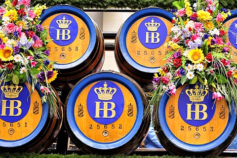 Beer kegs on a beer wagon during the traditional costume parade at the Oktoberfest, Munich, Bavaria, Germany, Europe