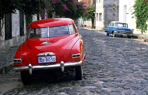 Vintage car on a cobbled stone road in Colonia del Sacramento, Uruguay, South America