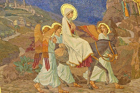 Mosaic by the portal of the Church of the Visitation depicting Mary's journey to En Kerem, En Kerem, by Jerusalem, Israel, Middle East, the Orient