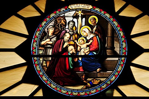 Window mosaic depicting the birth of Christ at Catherine's Church, Bethlehem, West Bank, Israel, Middle East, the Orient