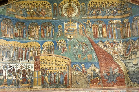 Church of St George of the Voronet Monastry, exterior wall paintings representing the biblical scene The Last Judgment, UNESCO World Heritage Site, South Bucovina, Moldavia, Romania, Europe