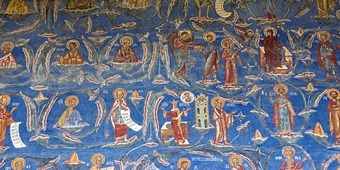 Exterior fresco depicting a biblical scene, Tree of Jesse, St. George church, Voronet, UNESCO World Heritage Site, Southern Bukovina, Moldova, Romania, Europe