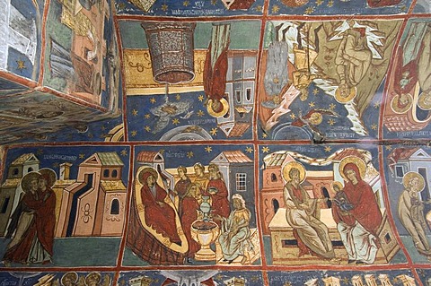 Interior frescoes, Church of the Assumption and St. George, UNESCO World Heritage Site, Humor, Southern Bukovina, Moldova, Romania, Europe