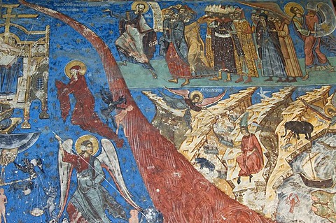 Part of an exterior fresco depicting the scene of the Last Judgement, Church of the Assumption and St. George of Humor, UNESCO World Heritage Site, Southern Bukovina, Moldova, Romania, Europe