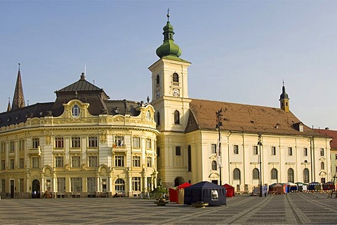 Plaza Piata Mare, City Hall and Baroque Jesuit Church, Sibiu, Transylvania, Romania