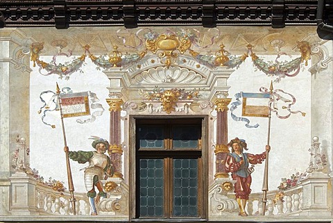 Peles Castle, painted wall in the courtyard, Simiu, Wallachia, Carpathian Mountains, Romania