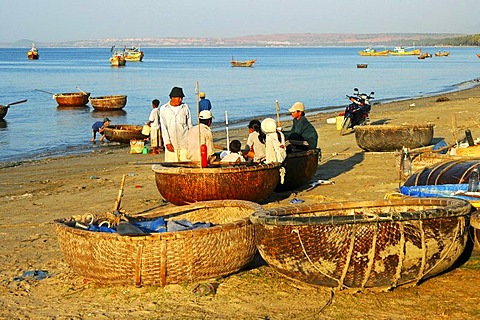 Fishermen in their traditional round boats in the fishing harbour of Mui Ne, Vietnam, Southeast Asia