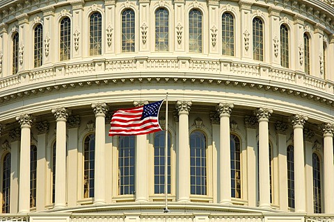 Cupola of the Capitol and the star spangled banner, Washington, D.C., USA