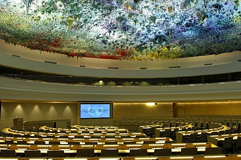 Domed ceiling in the Human Rights and Alliance of Civilizations Room at the Palais des Nations, ceiling designed by Miquel Barcelo, UNO, United Nations Office in Geneva, Switzerland, Europe