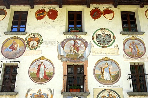 Facade of the parish house decorated with crests, former courthouse of the bailiffs, Cevio, Maggia Valley, Ticino, Switzerland, Europe