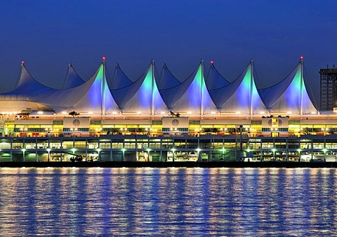 Convention Center, at dusk, Vancouver, British Columbia, Canada, North America
