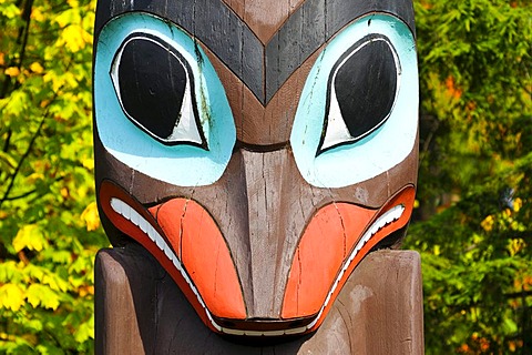 Face carved into a totem pole in Stanley Park, Vancouver, British Columbia, Canada, North America