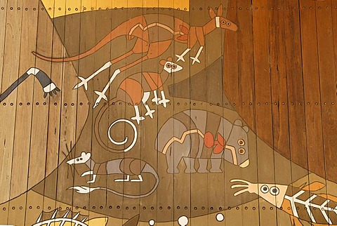 Modern mural painting in an Aboriginal style, detail, marsupials and fish, Berri, South Australia, Australia