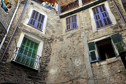 Inner courtyard of a bed and breakfast hotel in Dolceacqua, Liguria, Riviera dei Fiori, Italy, Europe