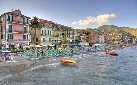 Row of houses, beach, Alassio, Riviera dei Fiori, Liguria, Italy, Europe