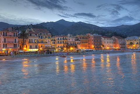 Row of houses, beach, evening mood, Alassio, Riviera dei Fiori, Liguria, Italy, Europe