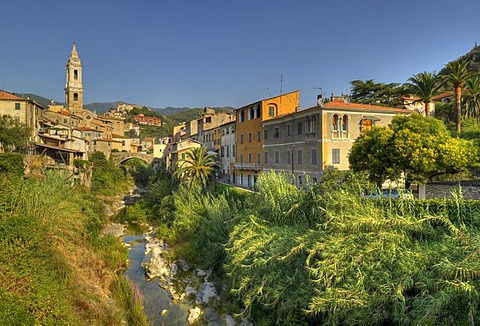 San Tomaso parish church in Dolcedo with the Ponte Grande Bridge over the Prino River, Riviera dei Fiori, Liguria, Italy, Europe