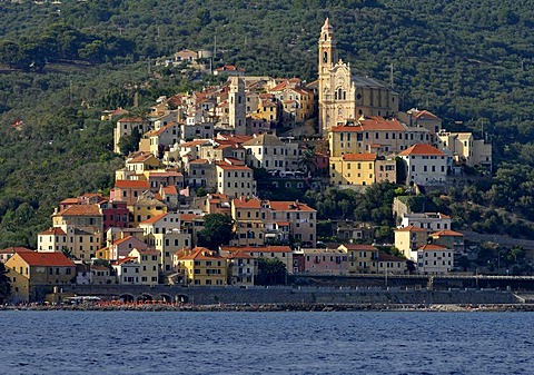 Cervo with the Parish church of San Giovanni Battista, view from the sea, Riviera dei Fiori, Liguria, Italy, Europe