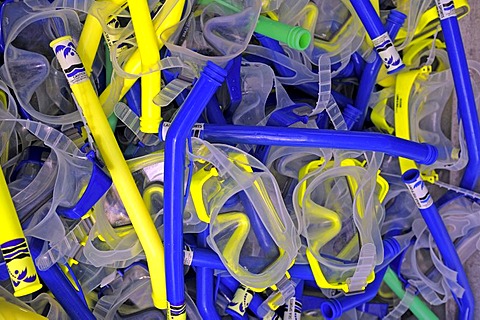 Snorkels and masks for divers and snorkellers at a diving station, Great Barrier Reef, Australia