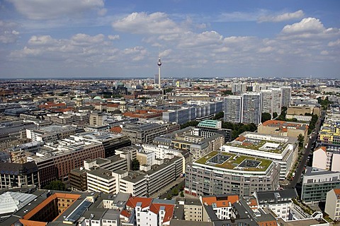 Aerial photograph over Berlin with Fernsehturm, television tower, Berlin, Germany, Europe