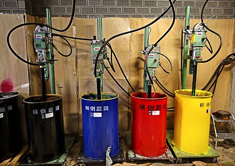 Color containers of the Badische Zeitung printing press, Freiburg im Breisgau, Baden-Wuerttemberg, Germany, Europe