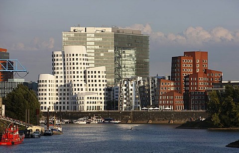 Media Harbour, Neuer Zollhof, buildings designed by the architect Frank Owen Gehry, in front of the Stadttor building, Duesseldorf, North Rhine-Westphalia, Germany, Europe