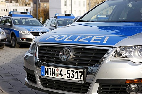 New blue police cars for the North Rhine-Westphalian police, Duesseldorf, North Rhine-Westphalia, Germany, Europe