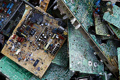 Electronic scrap, sorted used computer parts from discarded computers, at a recycling yard, Germany