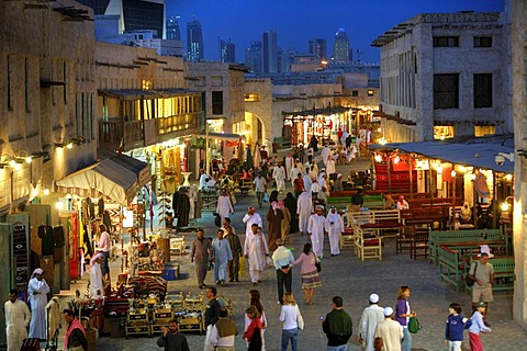 Souq al Waqif in the evening, oldest souq, bazaar in the country, the old part is newly renovated, the newer parts have been reconstructed in a historical style, Doha, Qatar