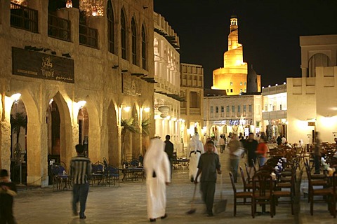 Souq al Waqif in the evening, oldest souq, bazaar in the country, the old part is newly renovated, the newer parts have been reconstructed in a historical style, Doha, Qatar