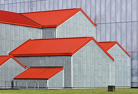 Green houses with red tin roofs, building protecting the large baths, new Roman museum, Xanten archaeological park, APX, Lower Rhine region, North Rhine-Westphalia, Germany, Europe