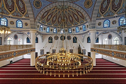 DITIB-Merkez-Mosque, interior view, newly built in the Ottoman style, one of the largest mosques in Germany, Duisburg-Marxloh, Ruhr Area, North Rhine-Westphalia, Germany, Europe