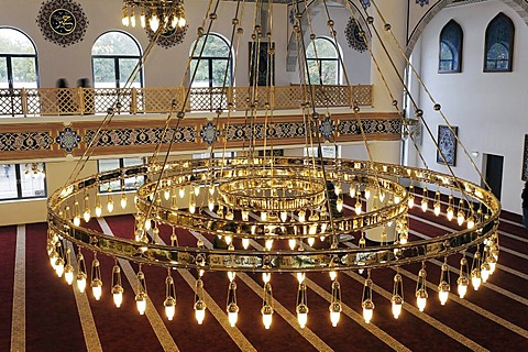 Large, golden chandelier, DITIB-Merkez-Mosque, newly built in the Ottoman style, one of the largest mosques in Germany, Duisburg-Marxloh, Ruhr Area, North Rhine-Westphalia, Germany, Europe