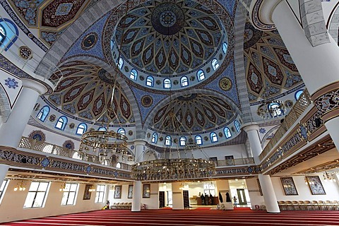 DITIB-Merkez-Mosque, interior view, newly built in the Ottoman style, one of the largest mosques in Germany, Duisburg-Marxloh, Ruhr Area, North Rhine-Westphalia, Germany, Europe