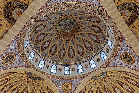 Interior view of the dome of the DITIB-Merkez-Mosque, newly built in the Ottoman style, one of the largest mosques in Germany, Duisburg-Marxloh, Ruhr Area, North Rhine-Westphalia, Germany, Europe