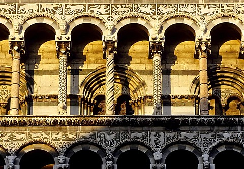 Column fronted Basilica San Michele in Foro, Lucca, Tuscany, Italy, Europe