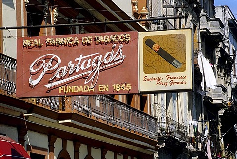 Advertising sign of the oldest cigar factory of Cuba, Partagas, Centro Habana, Havana, Cuba, Caribbean