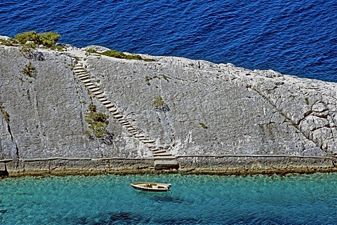 Fishing boat in safe harbor, Hvar Island, Dalmatian Coast, Croatia